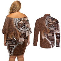 Samoan Siapo Art Tattoo Polynesian Pattern Couples Matching Off Shoulder Short Dress and Long Sleeve Button Shirt Brown Color LT03 - Polynesian Pride
