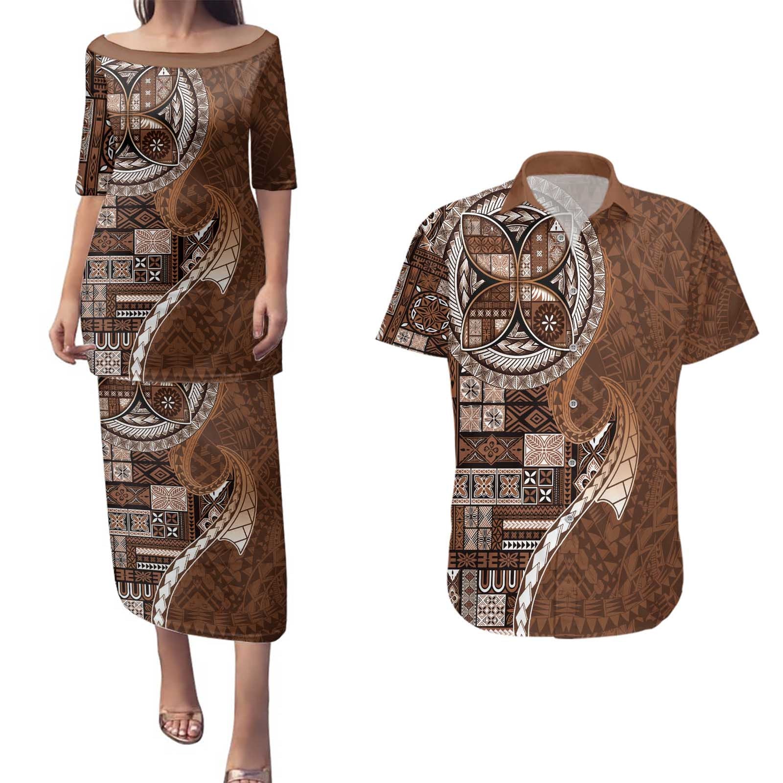 Samoan Siapo Art Tattoo Polynesian Pattern Couples Matching Puletasi and Hawaiian Shirt Brown Color LT03 Brown - Polynesian Pride