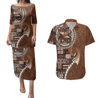 Samoan Siapo Art Tattoo Polynesian Pattern Couples Matching Puletasi and Hawaiian Shirt Brown Color LT03 Brown - Polynesian Pride