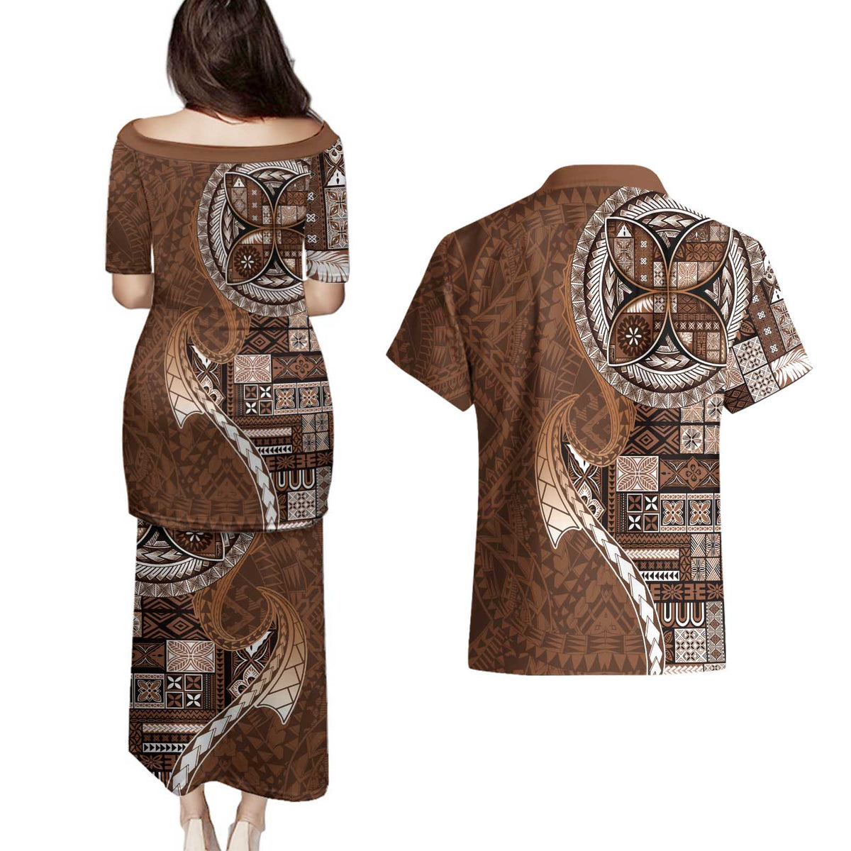 Samoan Siapo Art Tattoo Polynesian Pattern Couples Matching Puletasi and Hawaiian Shirt Brown Color LT03 - Polynesian Pride