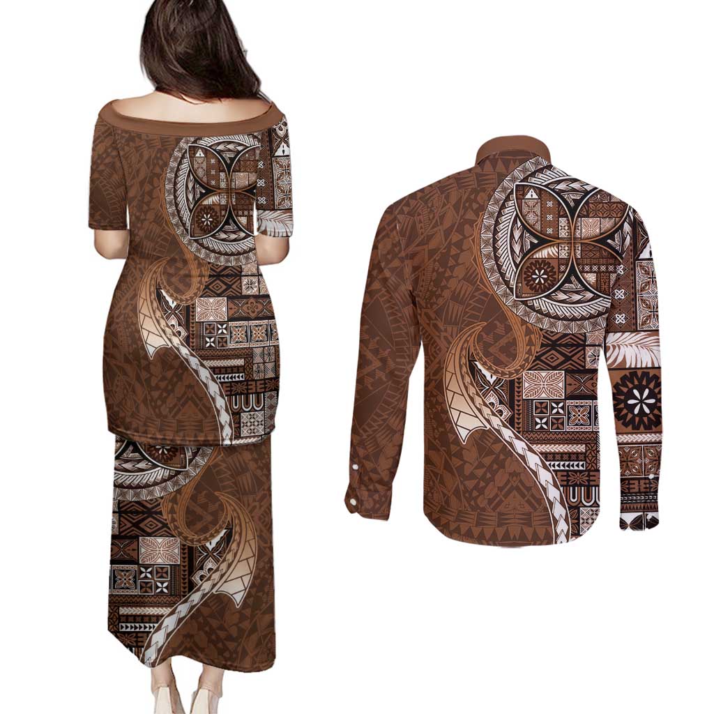 Samoan Siapo Art Tattoo Polynesian Pattern Couples Matching Puletasi and Long Sleeve Button Shirt Brown Color - Polynesian Pride