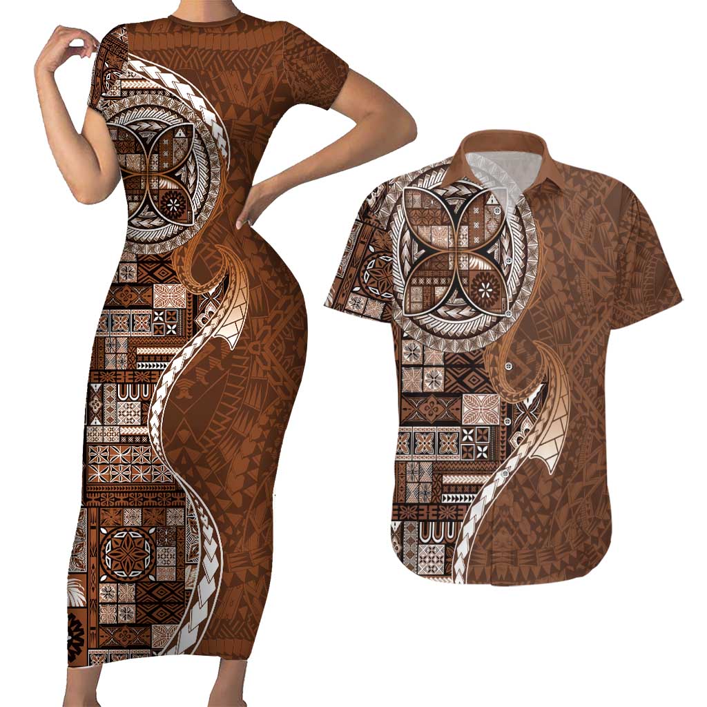 Samoan Siapo Art Tattoo Polynesian Pattern Couples Matching Short Sleeve Bodycon Dress and Hawaiian Shirt Brown Color LT03 Brown - Polynesian Pride