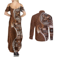 Samoan Siapo Art Tattoo Polynesian Pattern Couples Matching Summer Maxi Dress and Long Sleeve Button Shirt Brown Color LT03 - Polynesian Pride