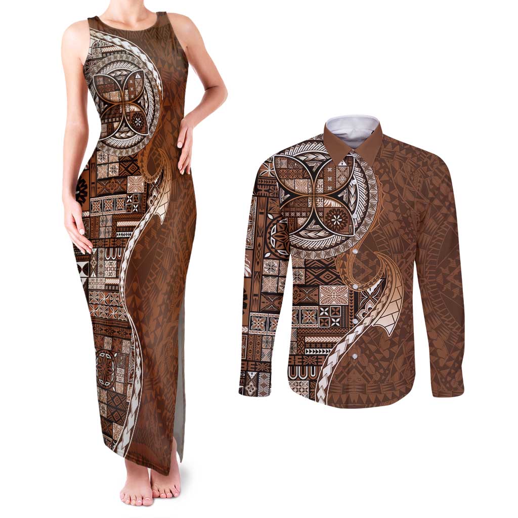 Samoan Siapo Art Tattoo Polynesian Pattern Couples Matching Tank Maxi Dress and Long Sleeve Button Shirt Brown Color LT03 Brown - Polynesian Pride