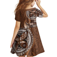 Samoan Siapo Art Tattoo Polynesian Pattern Family Matching Off The Shoulder Long Sleeve Dress and Hawaiian Shirt Brown Color - Polynesian Pride