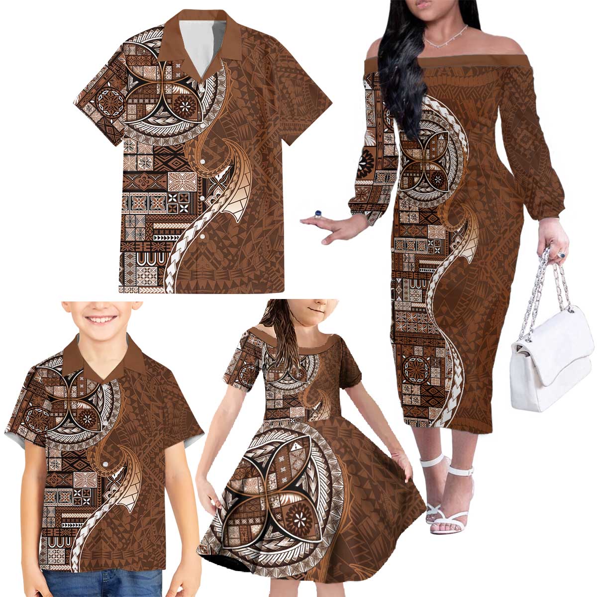 Samoan Siapo Art Tattoo Polynesian Pattern Family Matching Off The Shoulder Long Sleeve Dress and Hawaiian Shirt Brown Color - Polynesian Pride