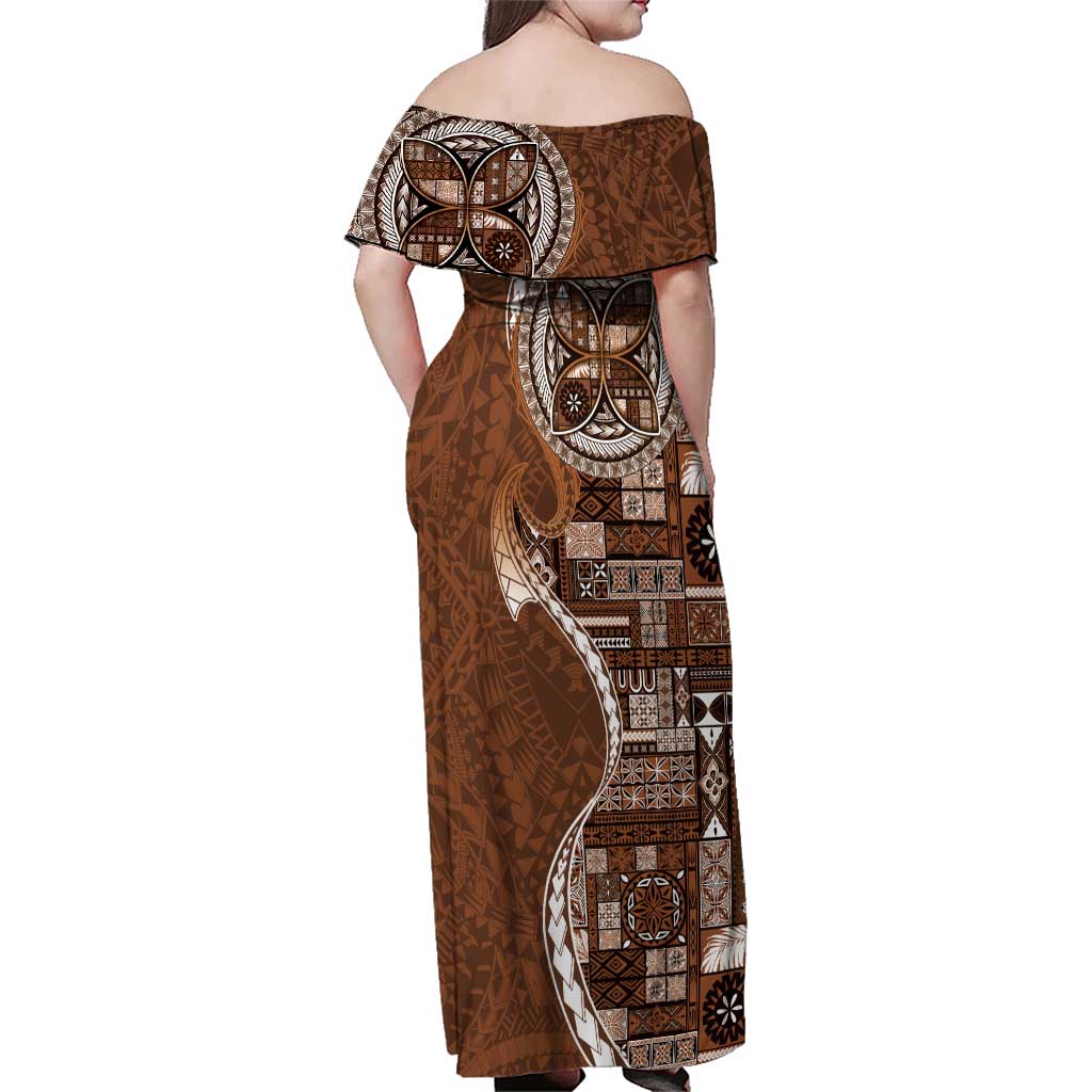 Samoan Siapo Art Tattoo Polynesian Pattern Family Matching Off Shoulder Maxi Dress and Hawaiian Shirt Brown Color - Polynesian Pride