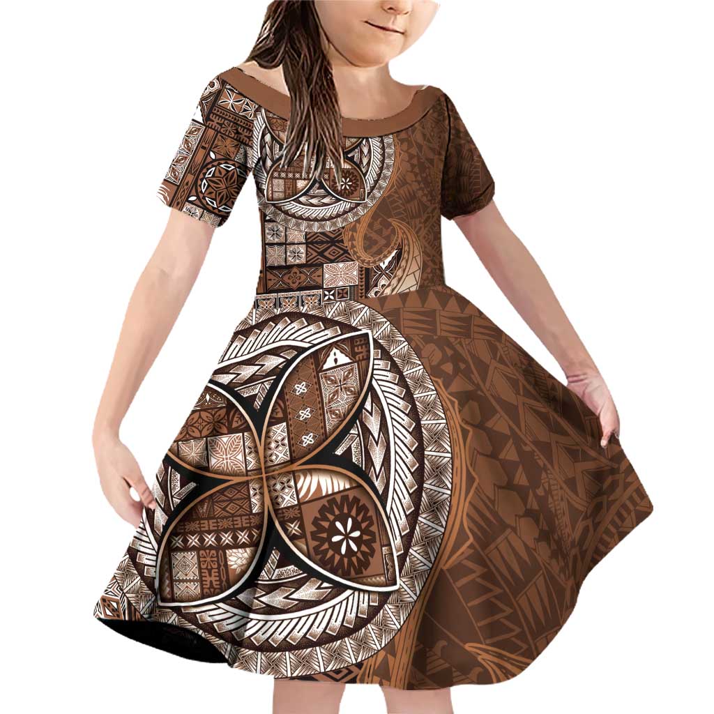Samoan Siapo Art Tattoo Polynesian Pattern Family Matching Off Shoulder Short Dress and Hawaiian Shirt Brown Color - Polynesian Pride