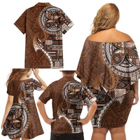 Samoan Siapo Art Tattoo Polynesian Pattern Family Matching Off Shoulder Short Dress and Hawaiian Shirt Brown Color - Polynesian Pride