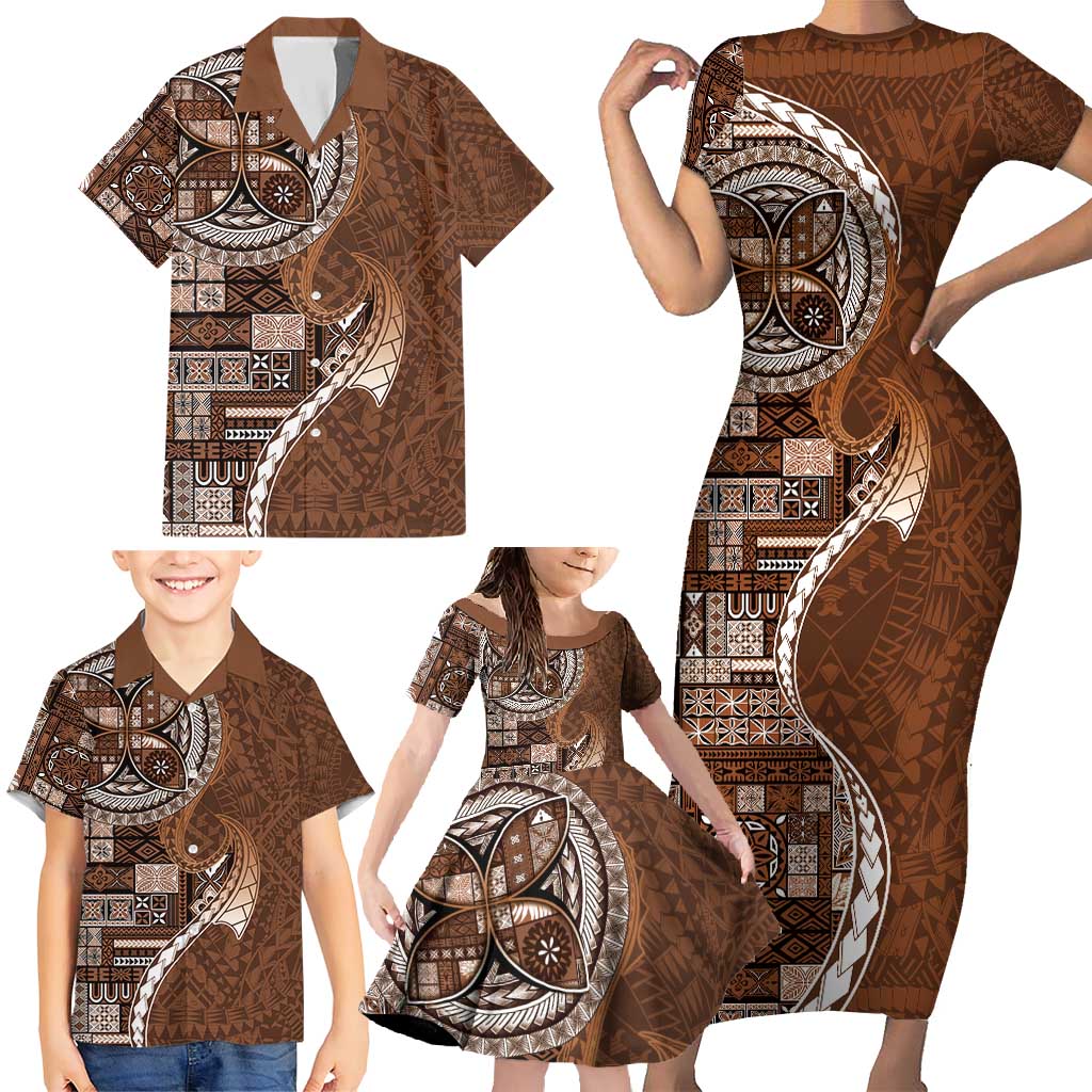 Samoan Siapo Art Tattoo Polynesian Pattern Family Matching Short Sleeve Bodycon Dress and Hawaiian Shirt Brown Color - Polynesian Pride