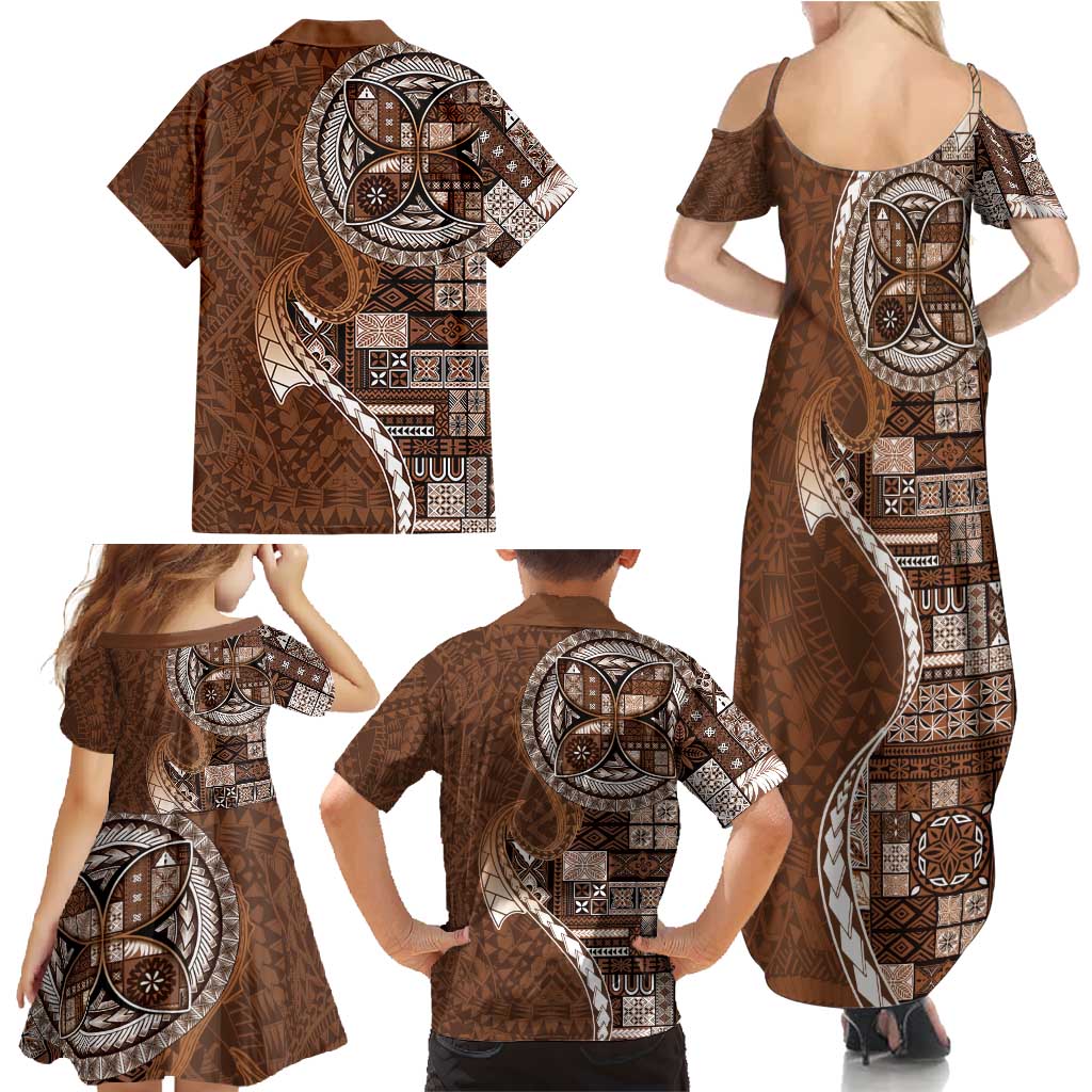 Samoan Siapo Art Tattoo Polynesian Pattern Family Matching Summer Maxi Dress and Hawaiian Shirt Brown Color - Polynesian Pride