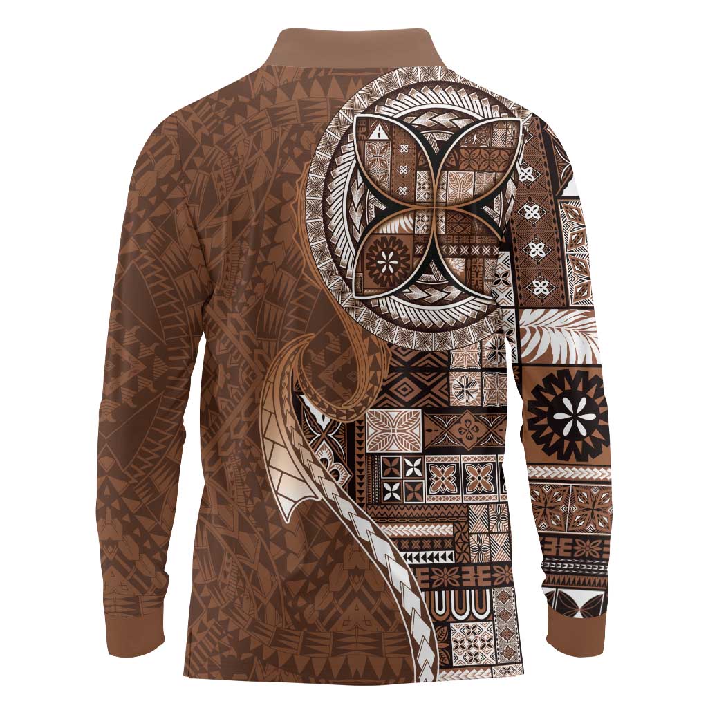 Samoan Siapo Art Tattoo Polynesian Pattern Long Sleeve Polo Shirt Brown Color - Polynesian Pride