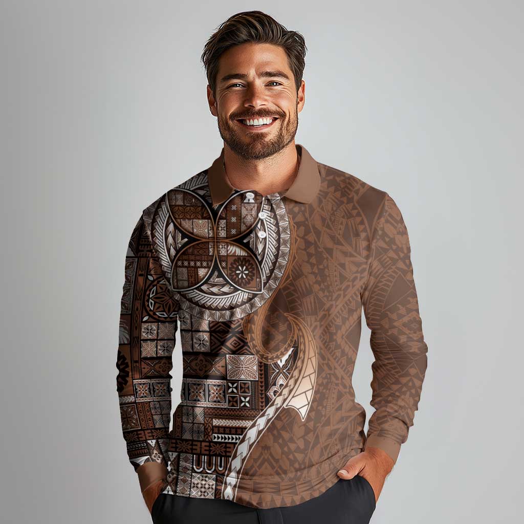 Samoan Siapo Art Tattoo Polynesian Pattern Long Sleeve Polo Shirt Brown Color - Polynesian Pride