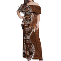 Samoan Siapo Art Tattoo Polynesian Pattern Off Shoulder Maxi Dress Brown Color - Polynesian Pride