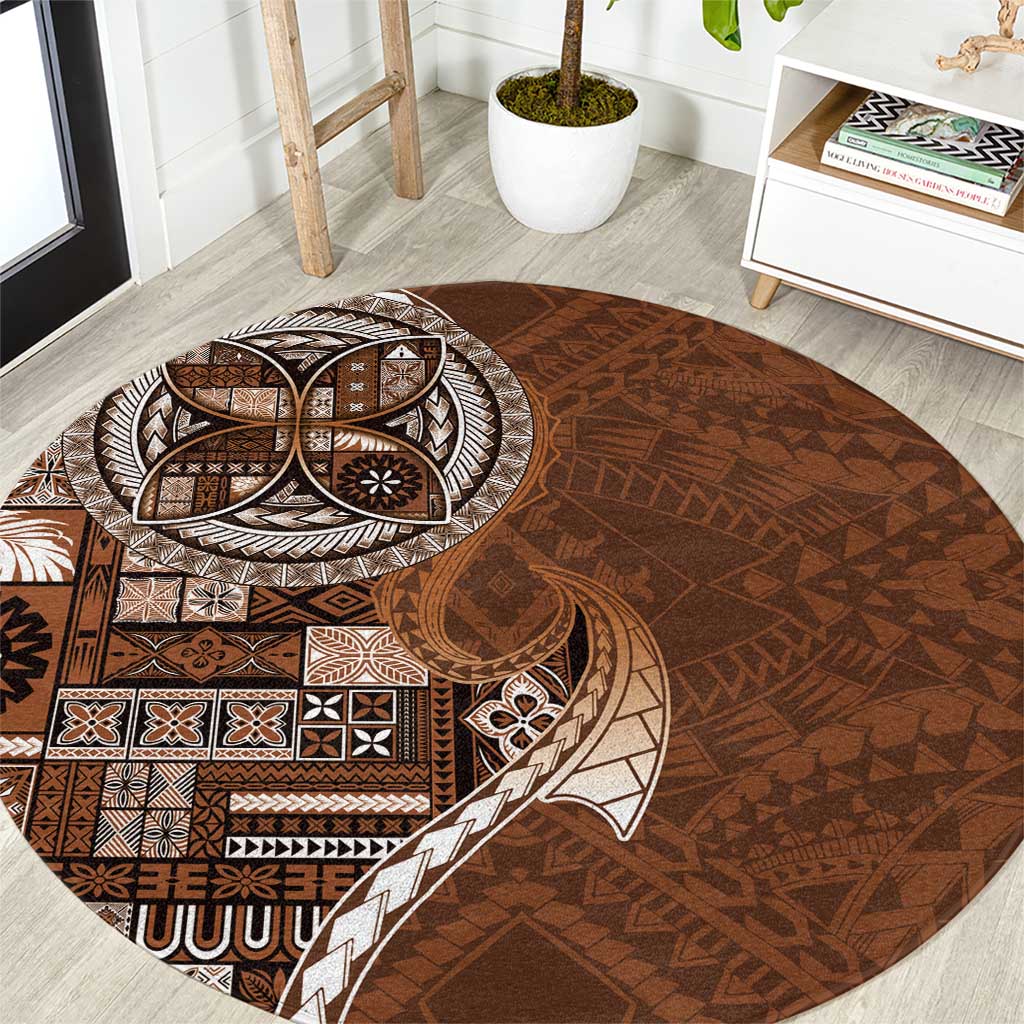 Samoan Siapo Art Tattoo Polynesian Pattern Round Carpet Brown Color - Polynesian Pride