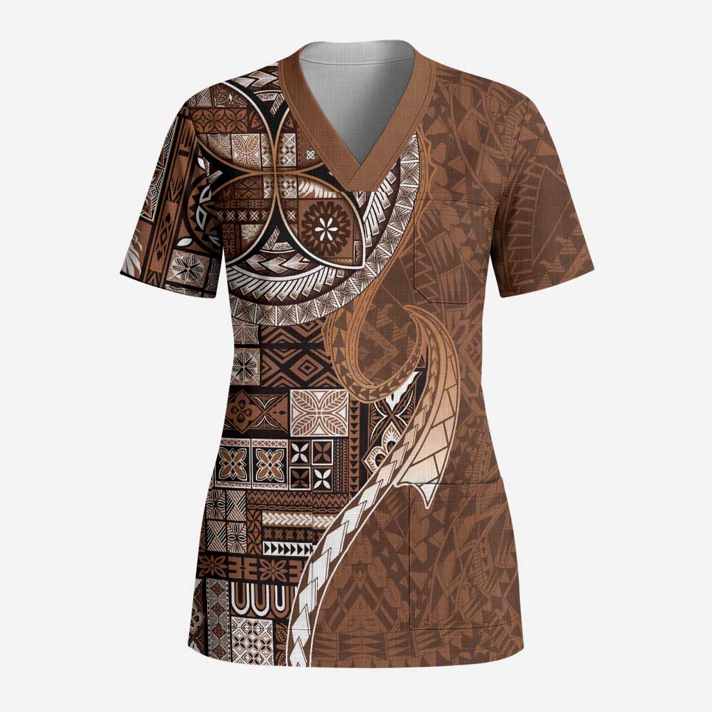 Samoan Siapo Art Tattoo Polynesian Pattern Scrub Top Brown Color LT03 Adult Brown - Polynesian Pride