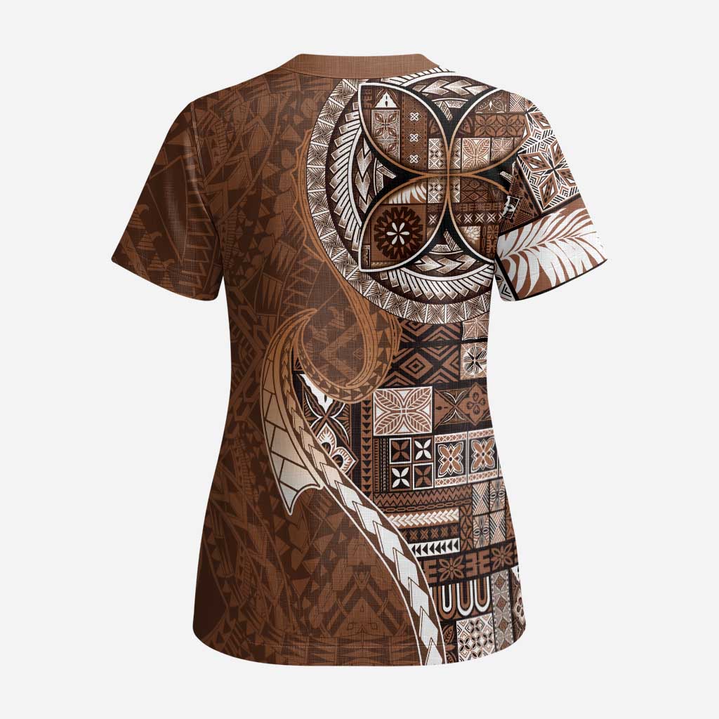 Samoan Siapo Art Tattoo Polynesian Pattern Scrub Top Brown Color LT03 - Polynesian Pride