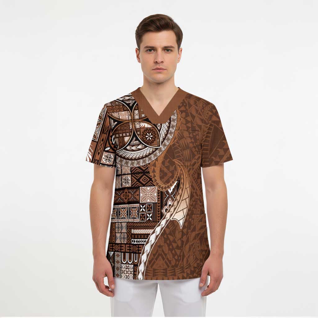Samoan Siapo Art Tattoo Polynesian Pattern Scrub Top Brown Color LT03 - Polynesian Pride