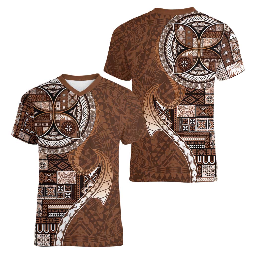 Samoan Siapo Art Tattoo Polynesian Pattern Women V-Neck T-Shirt Brown Color - Polynesian Pride