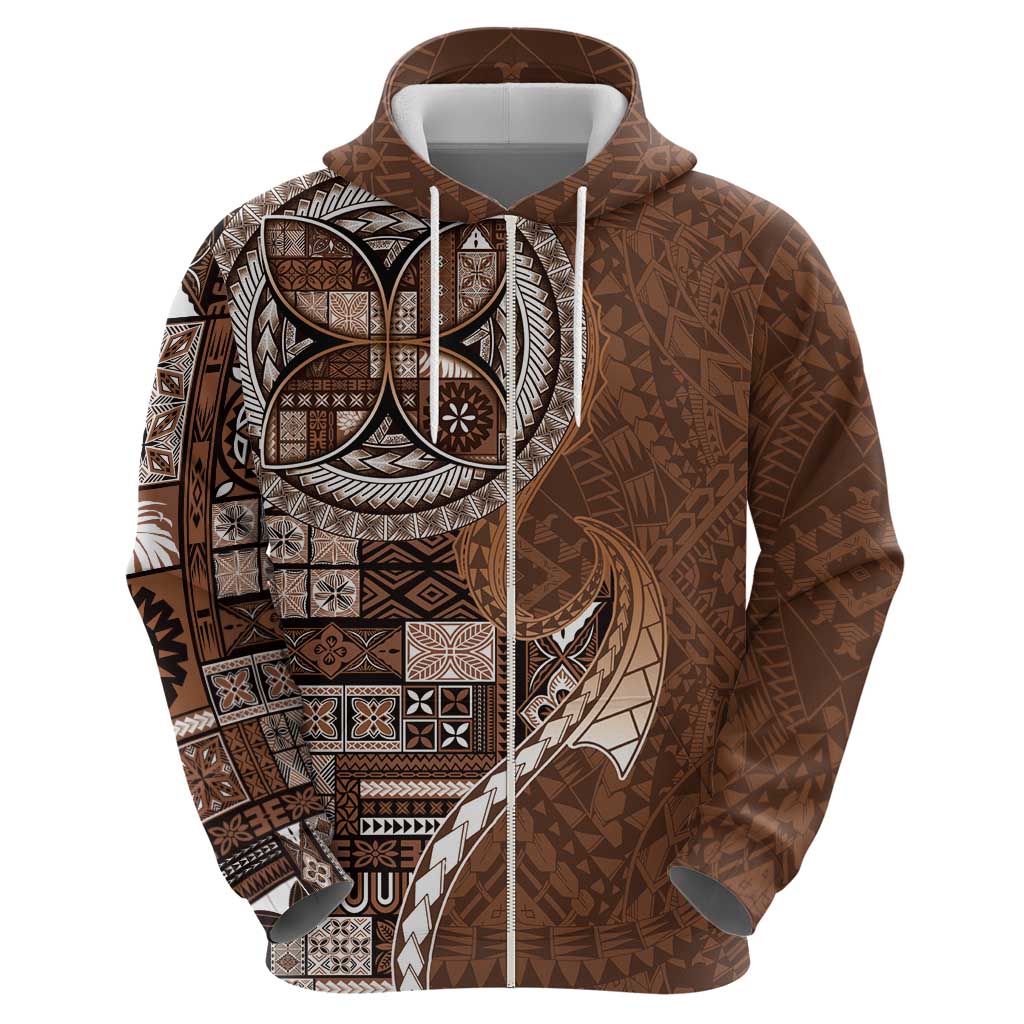 Samoan Siapo Art Tattoo Polynesian Pattern Zip Hoodie Brown Color - Polynesian Pride