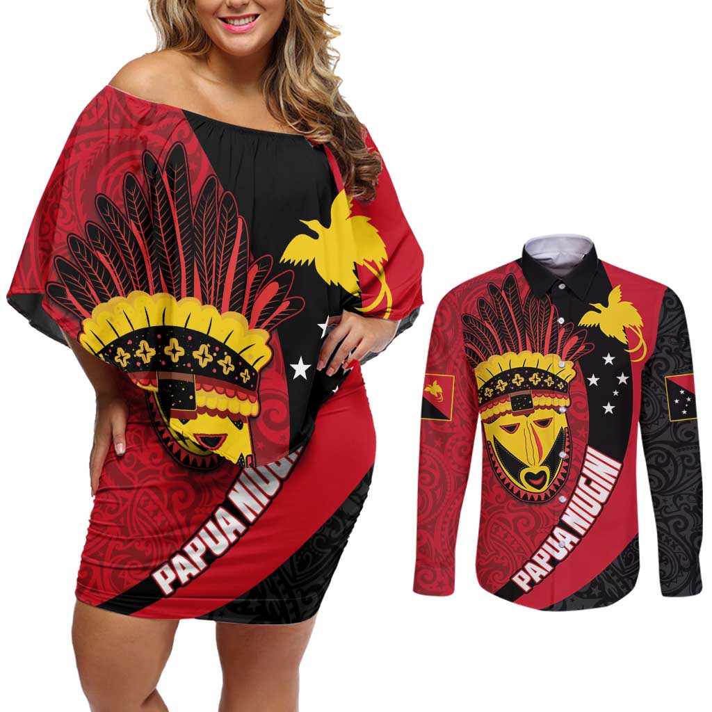 Papua New Guinea Mask Festival Couples Matching Off Shoulder Short Dress and Long Sleeve Button Shirt Papua Niugini Tribe Mask Melanesian Pattern