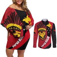 Papua New Guinea Mask Festival Couples Matching Off Shoulder Short Dress and Long Sleeve Button Shirt Papua Niugini Tribe Mask Melanesian Pattern