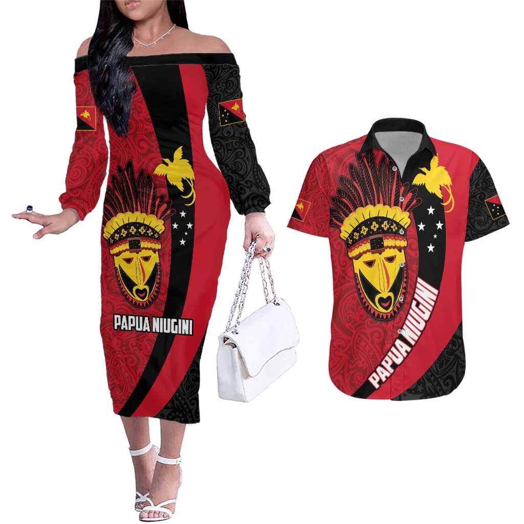 Papua New Guinea Mask Festival Couples Matching Off The Shoulder Long Sleeve Dress and Hawaiian Shirt Papua Niugini Tribe Mask Melanesian Pattern LT03 Red - Polynesian Pride