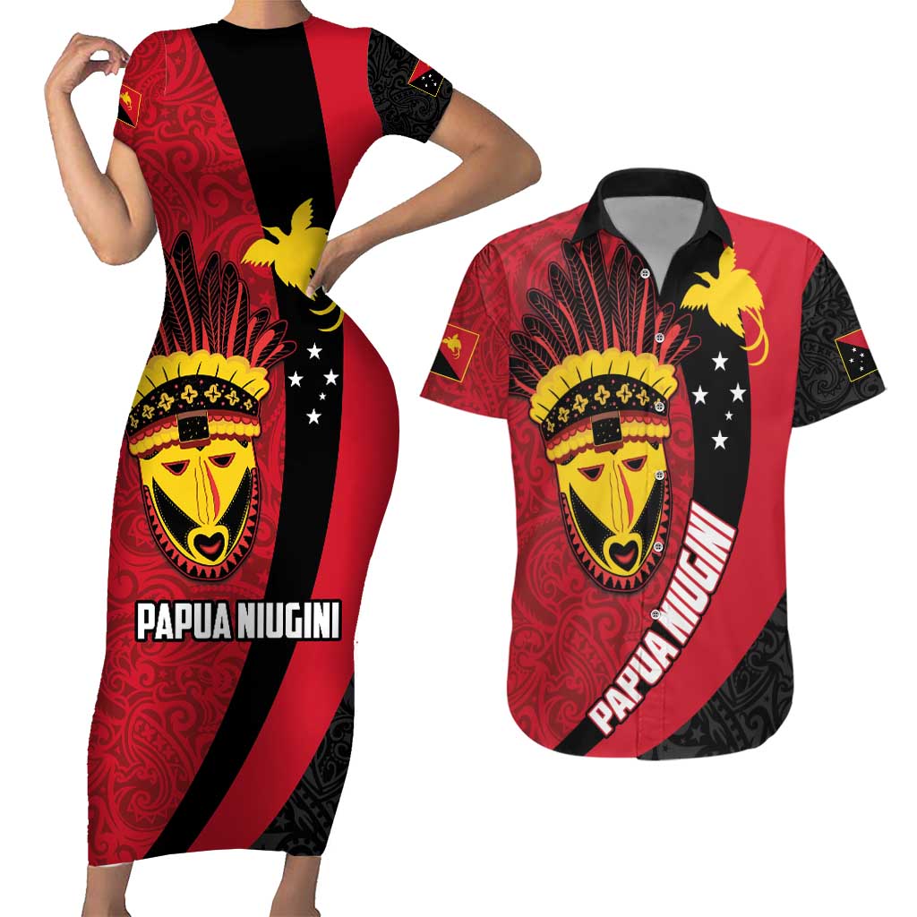 Papua New Guinea Mask Festival Couples Matching Short Sleeve Bodycon Dress and Hawaiian Shirt Papua Niugini Tribe Mask Melanesian Pattern LT03 Red - Polynesian Pride