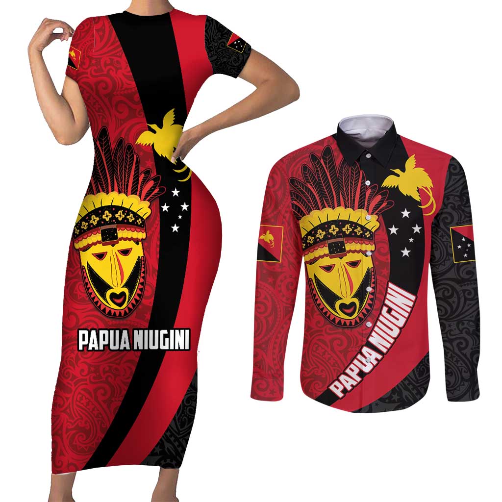 Papua New Guinea Mask Festival Couples Matching Short Sleeve Bodycon Dress and Long Sleeve Button Shirt Papua Niugini Tribe Mask Melanesian Pattern LT03 Red - Polynesian Pride