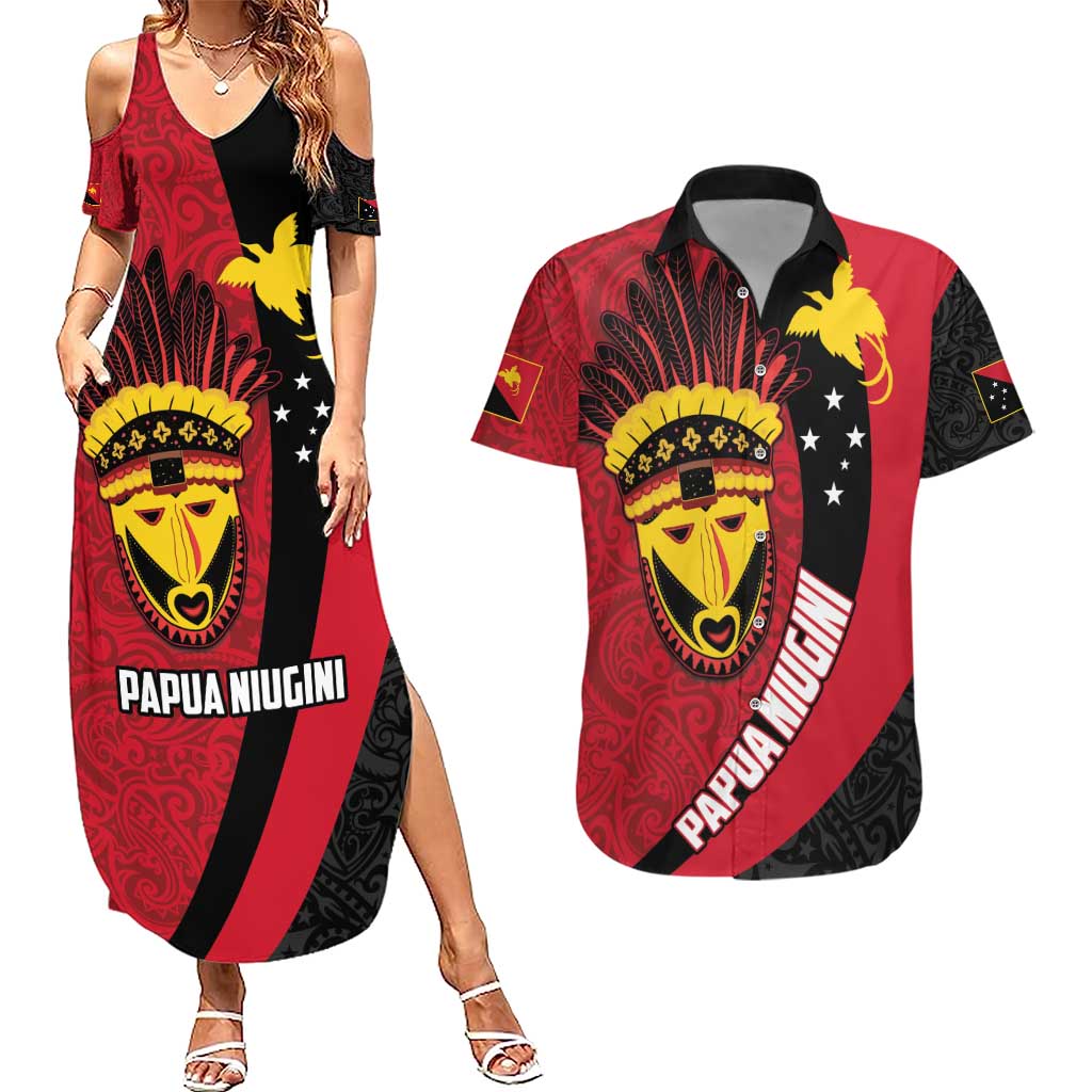 Papua New Guinea Mask Festival Couples Matching Summer Maxi Dress and Hawaiian Shirt Papua Niugini Tribe Mask Melanesian Pattern LT03 Red - Polynesian Pride