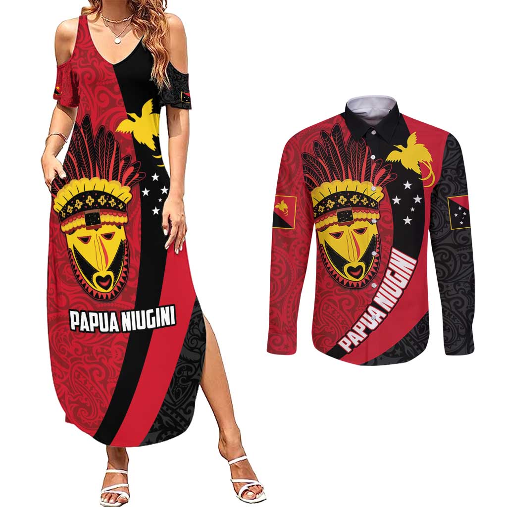 Papua New Guinea Mask Festival Couples Matching Summer Maxi Dress and Long Sleeve Button Shirt Papua Niugini Tribe Mask Melanesian Pattern LT03 Red - Polynesian Pride