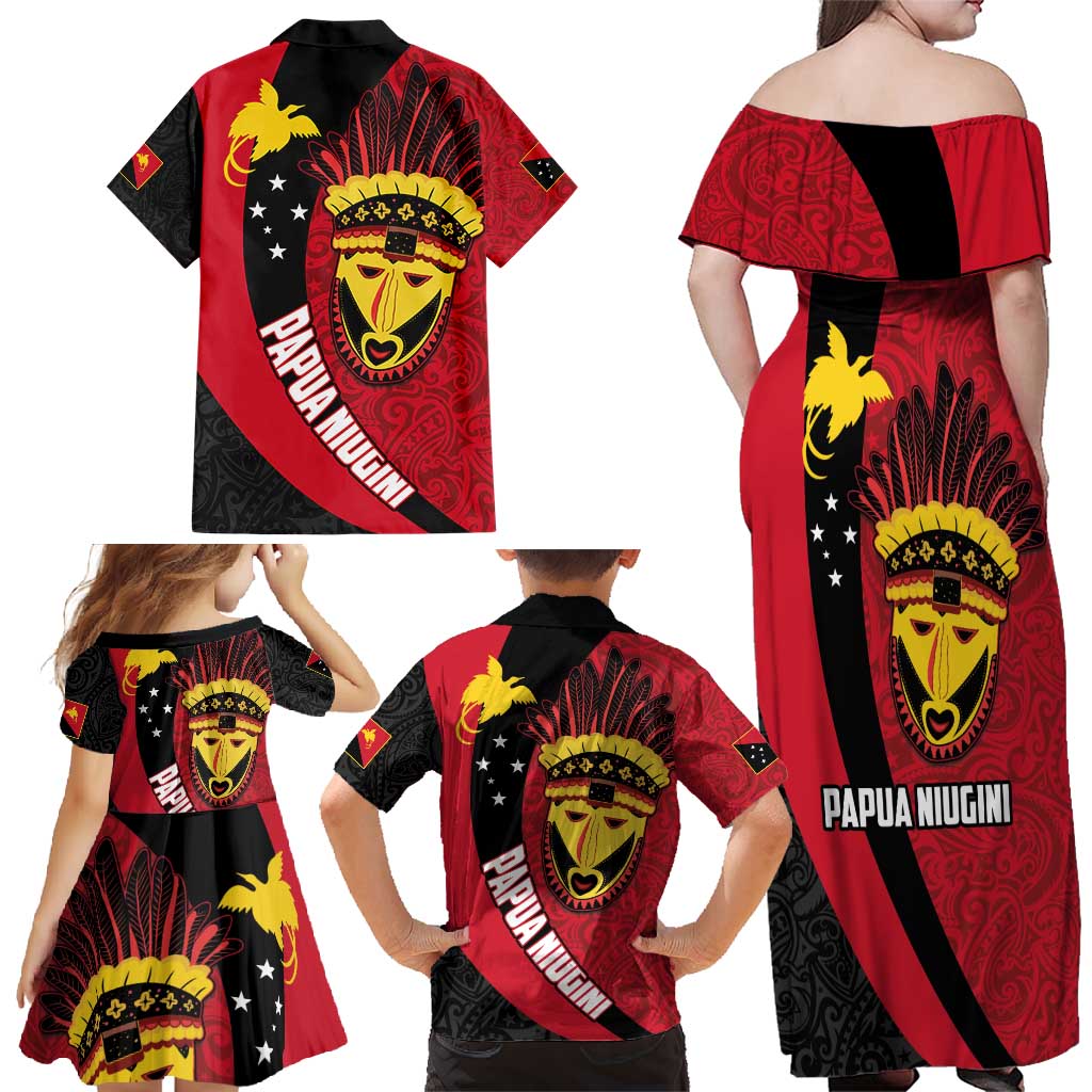 Papua New Guinea Mask Festival Family Matching Off Shoulder Maxi Dress and Hawaiian Shirt Papua Niugini Tribe Mask Melanesian Pattern