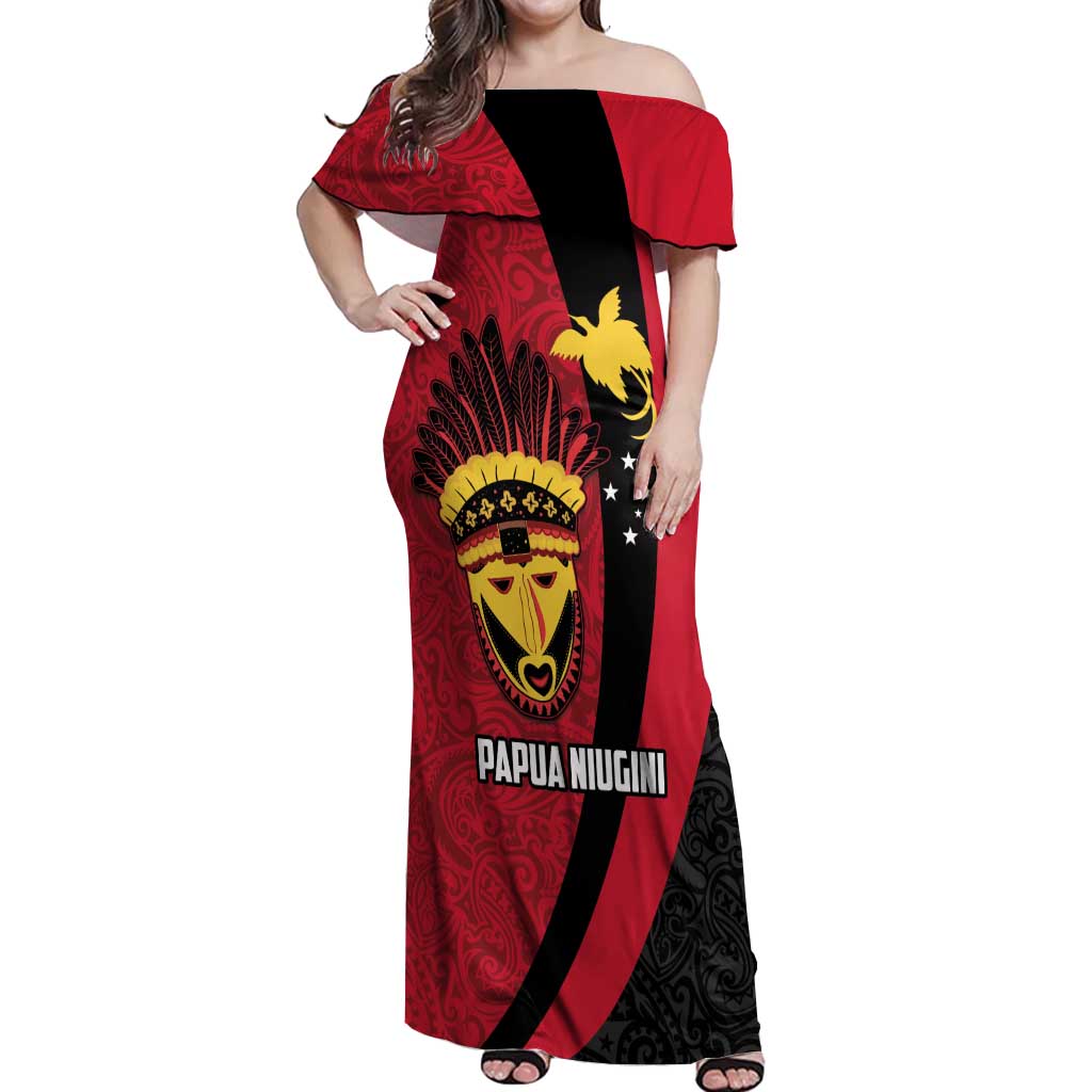 Papua New Guinea Mask Festival Off Shoulder Maxi Dress Papua Niugini Tribe Mask Melanesian Pattern