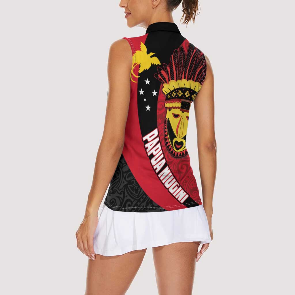 Papua New Guinea Mask Festival Women Sleeveless Polo Shirt Papua Niugini Tribe Mask Melanesian Pattern