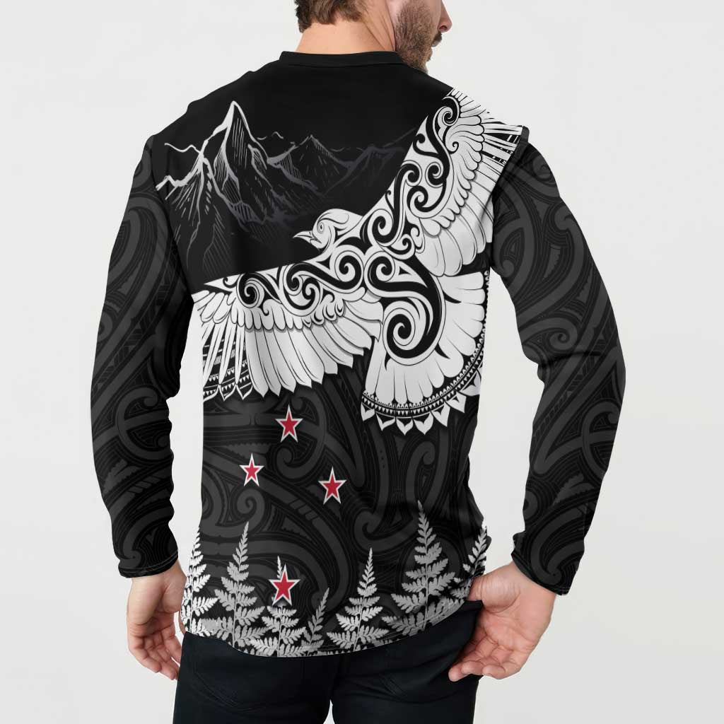 New Zealand Kea Bird Button Sweatshirt Maori Tattoo and Silver Fern Black Color LT03 - Polynesian Pride