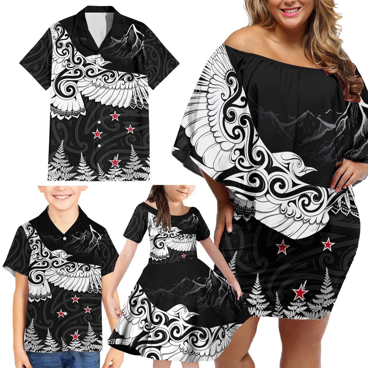 New Zealand Kea Bird Family Matching Off Shoulder Short Dress and Hawaiian Shirt Maori Tattoo and Silver Fern Black Color