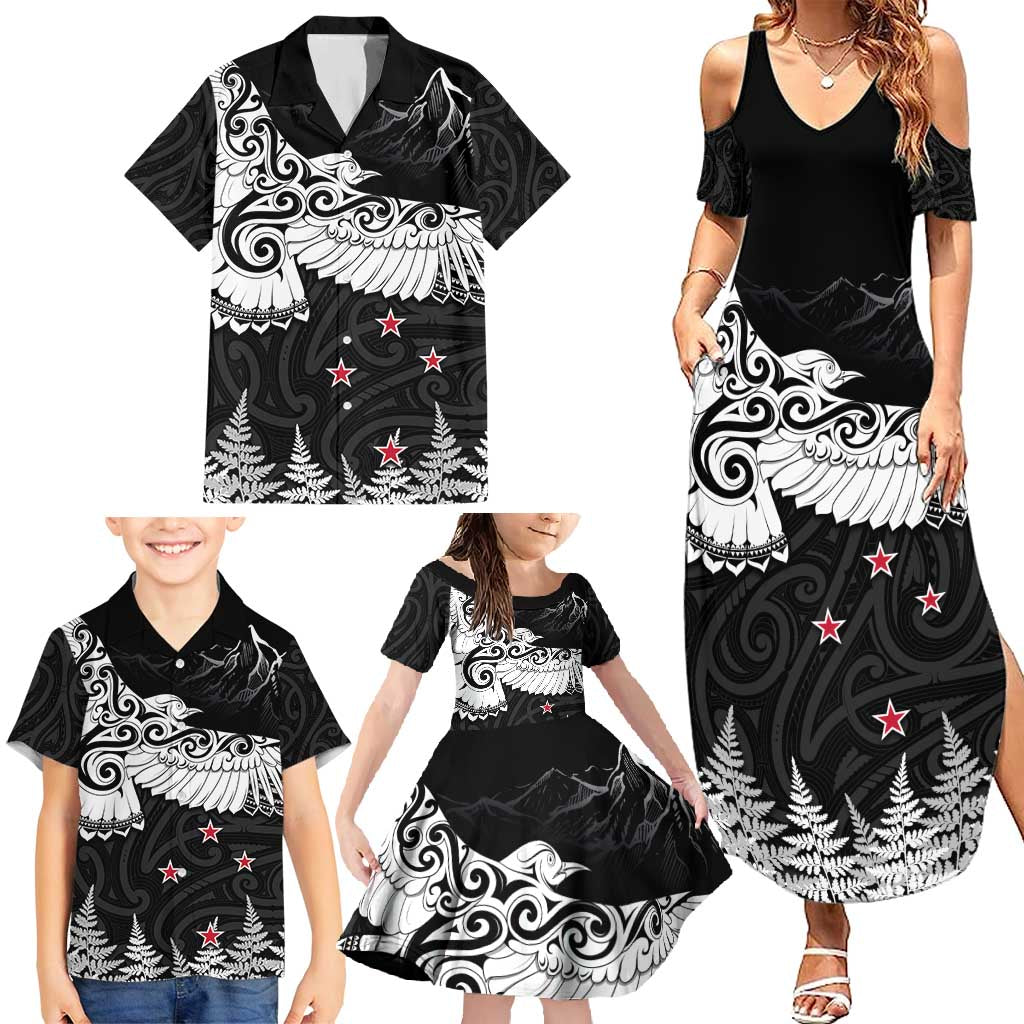 New Zealand Kea Bird Family Matching Summer Maxi Dress and Hawaiian Shirt Maori Tattoo and Silver Fern Black Color