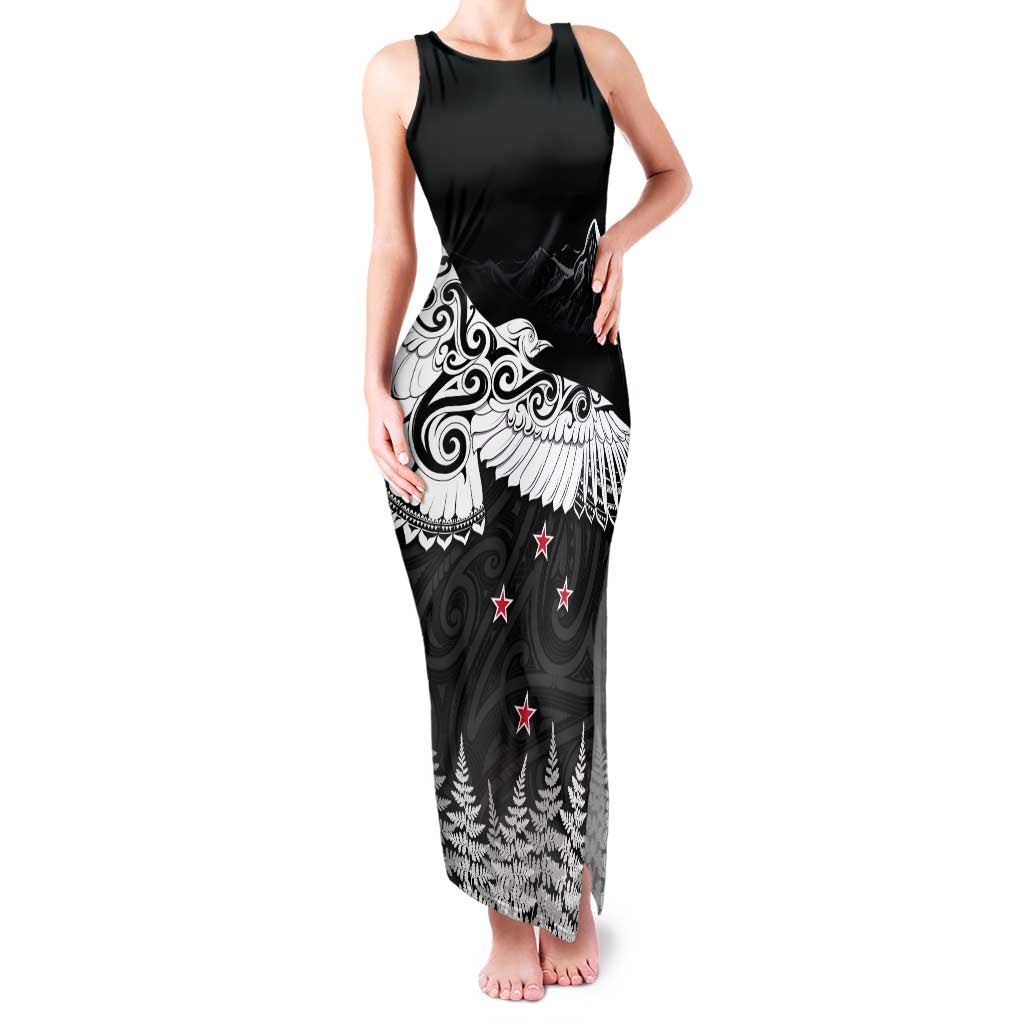 New Zealand Kea Bird Family Matching Tank Maxi Dress and Hawaiian Shirt Maori Tattoo and Silver Fern Black Color