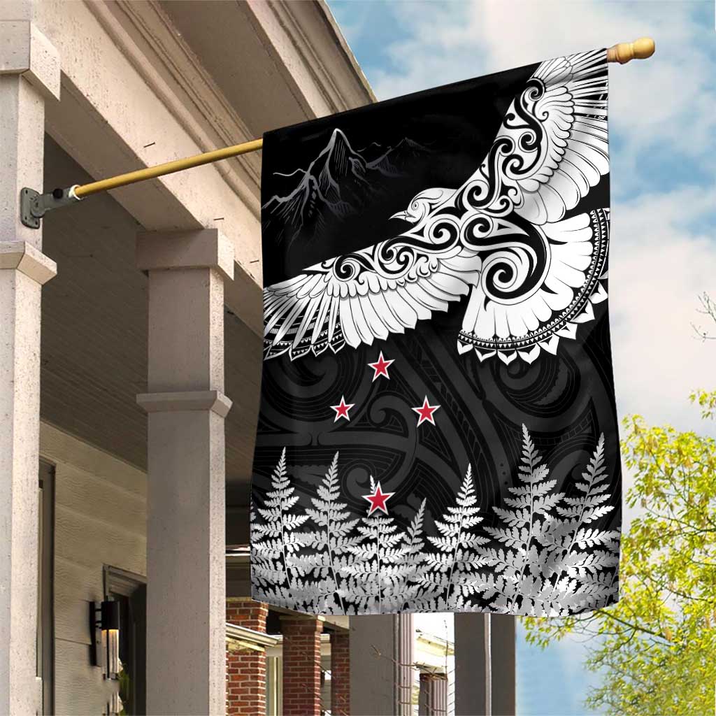 New Zealand Kea Bird Garden Flag Maori Tattoo and Silver Fern Black Color