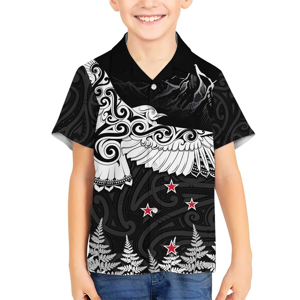 New Zealand Kea Bird Kid Hawaiian Shirt Maori Tattoo and Silver Fern Black Color