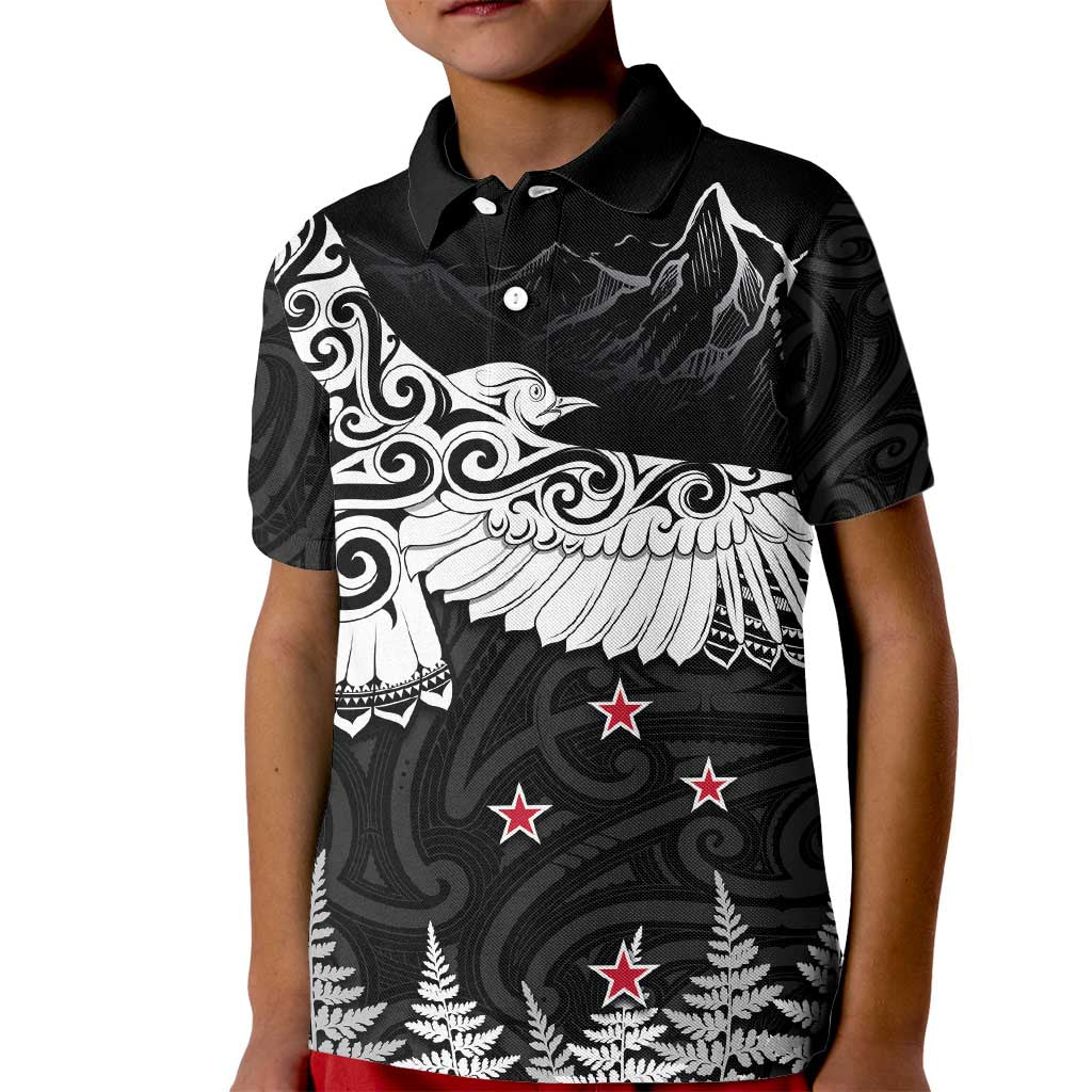 New Zealand Kea Bird Kid Polo Shirt Maori Tattoo and Silver Fern Black Color