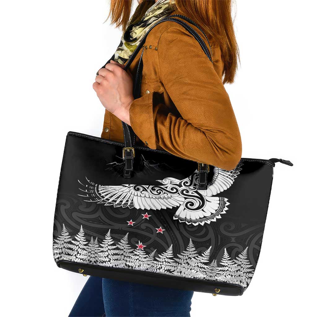 New Zealand Kea Bird Leather Tote Bag Maori Tattoo and Silver Fern Black Color