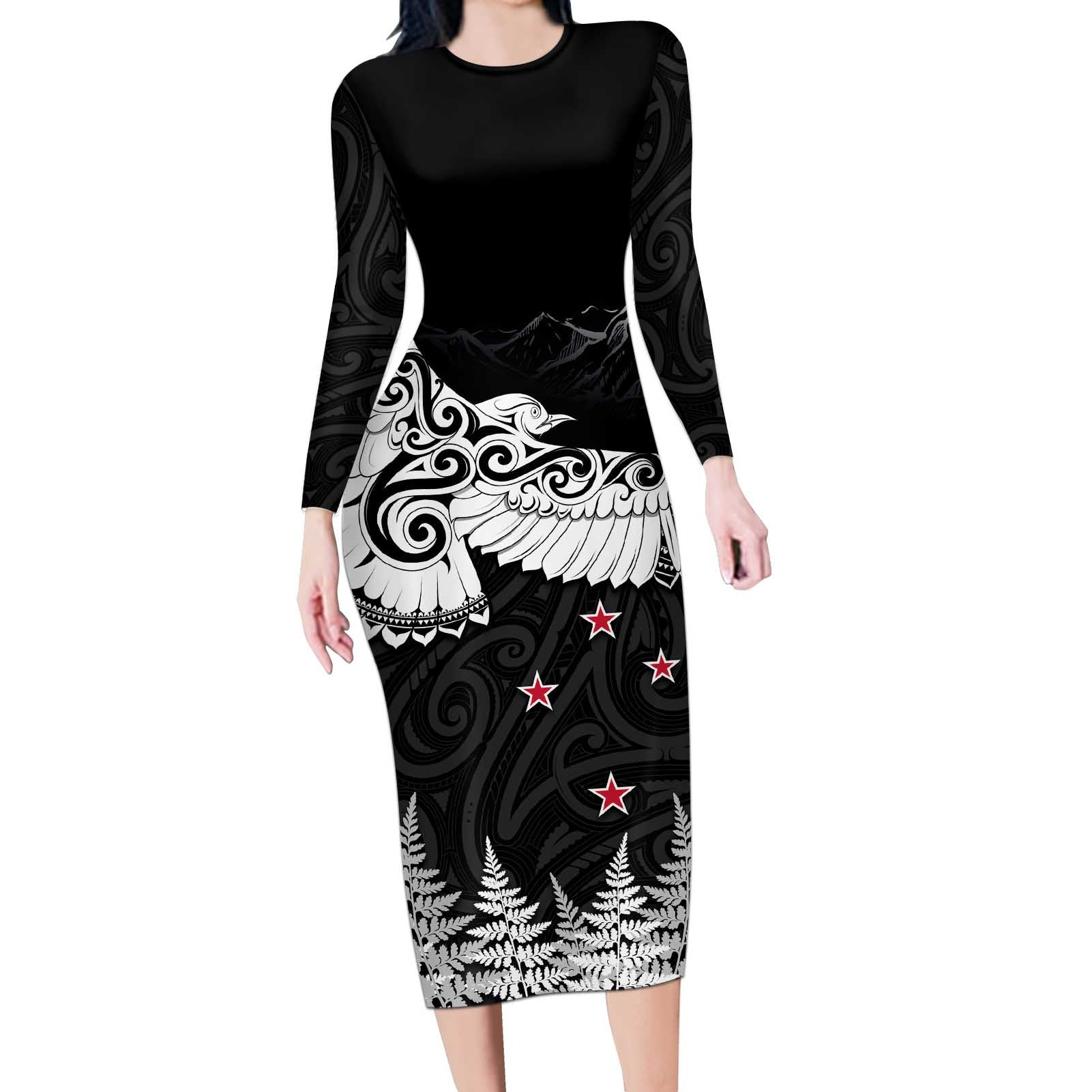 New Zealand Kea Bird Long Sleeve Bodycon Dress Maori Tattoo and Silver Fern Black Color