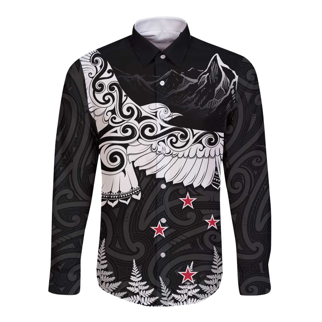 New Zealand Kea Bird Long Sleeve Button Shirt Maori Tattoo and Silver Fern Black Color