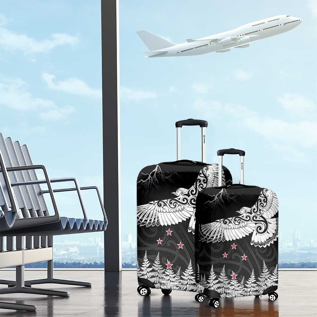 New Zealand Kea Bird Luggage Cover Maori Tattoo and Silver Fern Black Color