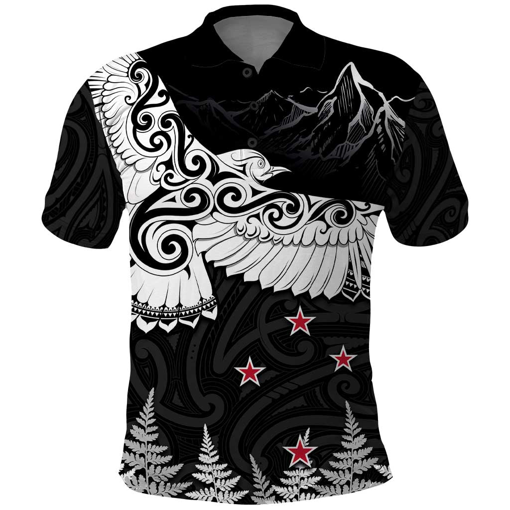 New Zealand Kea Bird Polo Shirt Maori Tattoo and Silver Fern Black Color