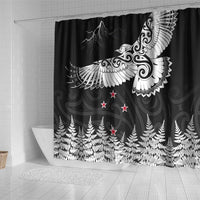 New Zealand Kea Bird Shower Curtain Maori Tattoo and Silver Fern Black Color