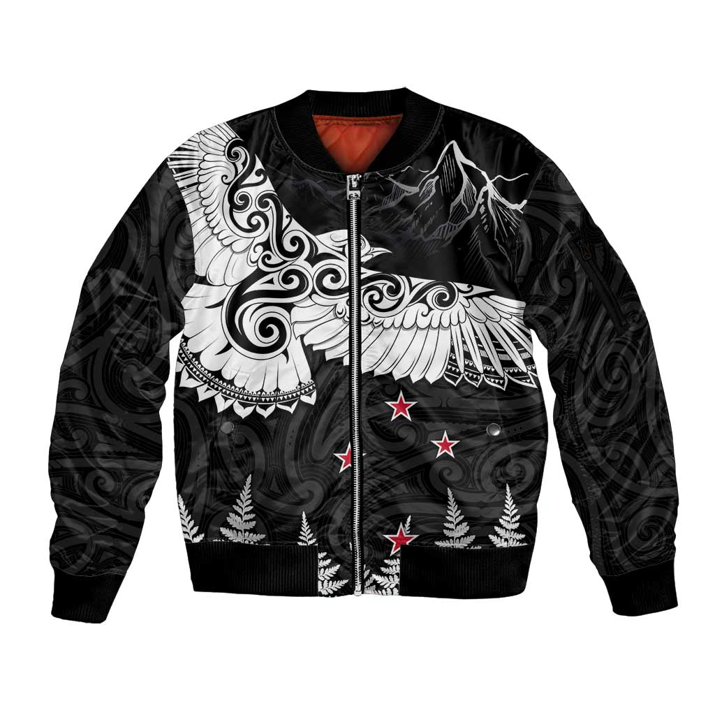 New Zealand Kea Bird Sleeve Zip Bomber Jacket Maori Tattoo and Silver Fern Black Color