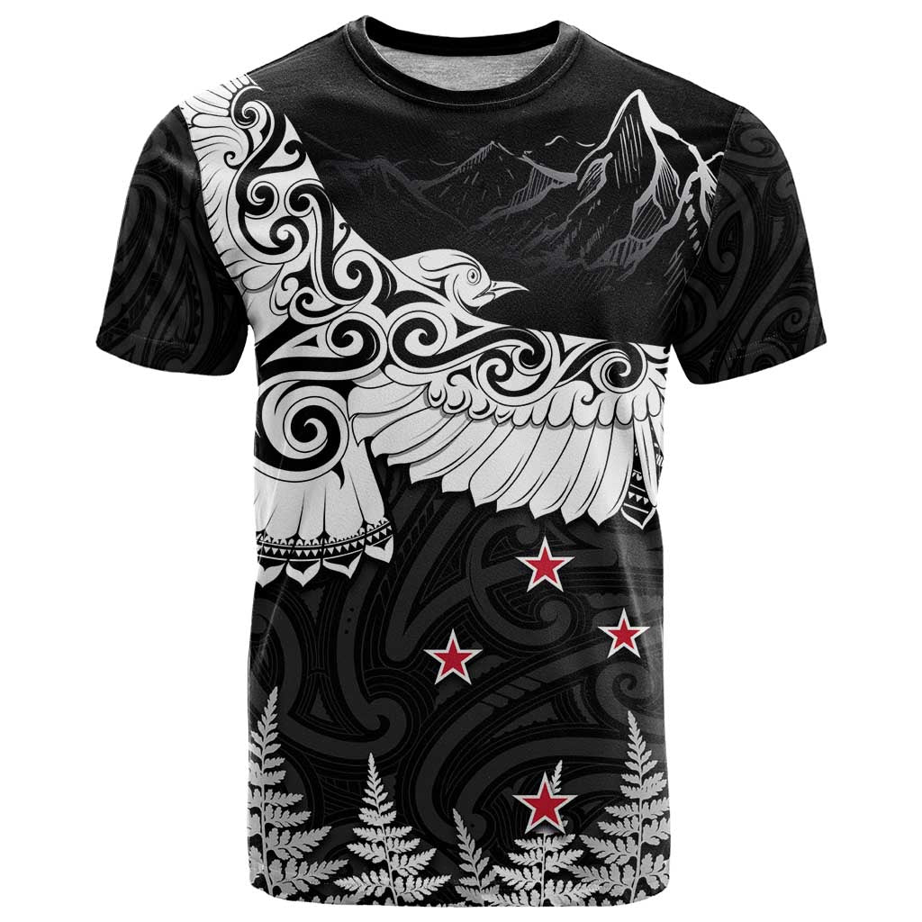 New Zealand Kea Bird T Shirt Maori Tattoo and Silver Fern Black Color