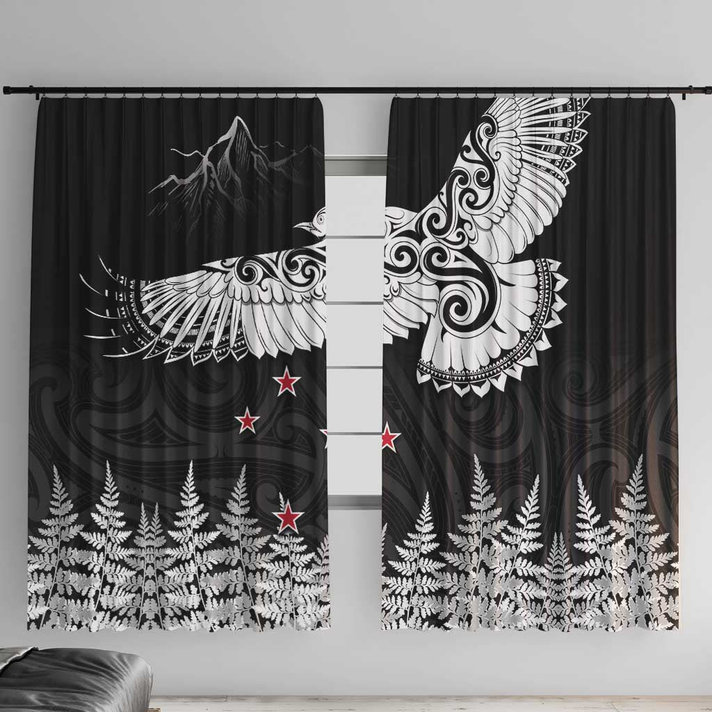 New Zealand Kea Bird Window Curtain Maori Tattoo and Silver Fern Black Color